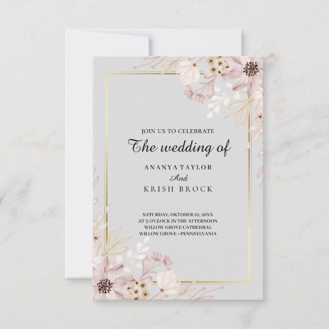 Invitation Mariage Floral Élégant Gris Clair (Devant)