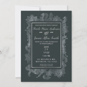 Invitation Mariage floral élégant gris et argenté brillant