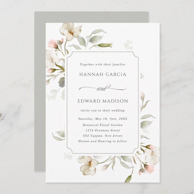 Invitation Mariage floral élégant Gris Gris Blanc (Devant / Derrière)