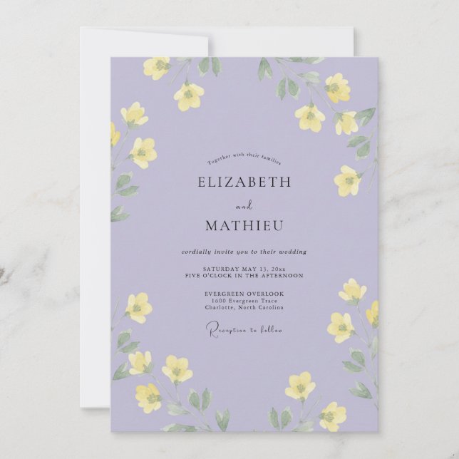 Invitation Mariage Floral Élégant Jaune Lavande (Devant)