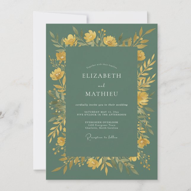 Invitation Mariage Floral Élégant Jaune Sauge (Devant)