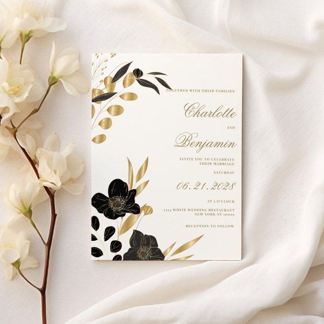Invitation Mariage floral élégant luxe or noir (Black gold elegant luxury foliage floral wedding)