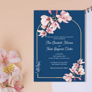 Invitation Mariage Floral Élégant Magnolia Rose Bleu Marine