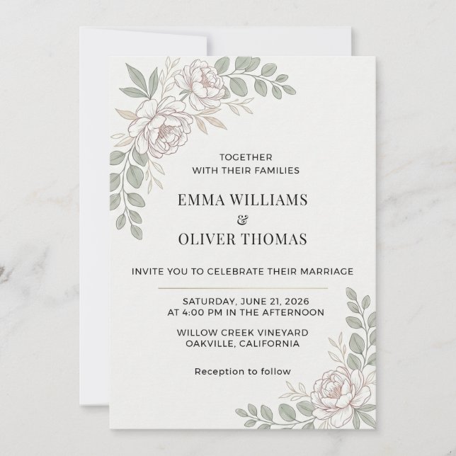 Invitation Mariage Floral Élégant Minimaliste (Devant)