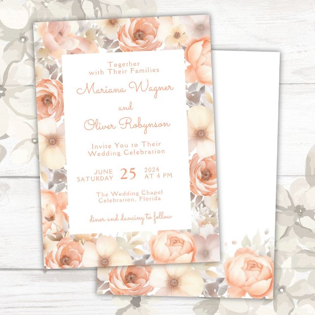 Invitation Mariage Floral Élégant Moderne Abricot Beige (Créateur téléchargé)