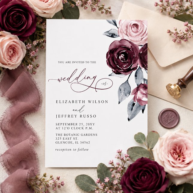 Invitation Mariage Floral Élégant Moderne Bordeaux (Elegant Modern Burgundy Floral Wedding Invitation)