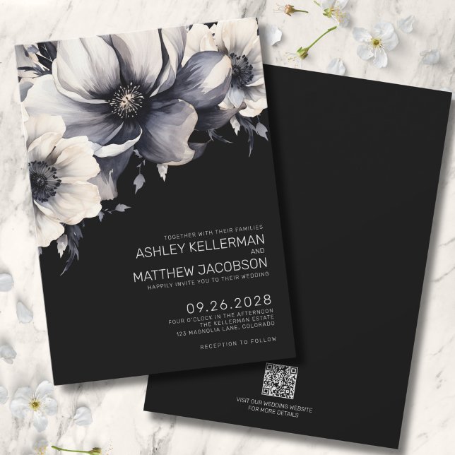 Invitation Mariage Floral Élégant Moderne Noir (QR Code Budget Modern Elegant Black Floral Wedding Invitation)