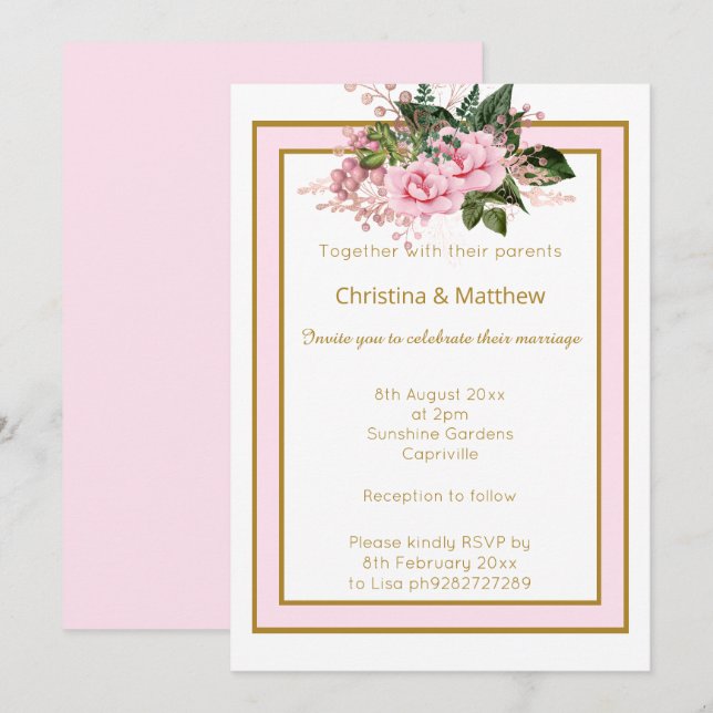 INVITATION MARIAGE FLORAL ÉLÉGANT MODERNE ROSE BLANC OR (Devant / Derrière)