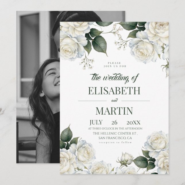 Invitation Mariage Floral Élégant Moderne Rose Blanche (Devant / Derrière)