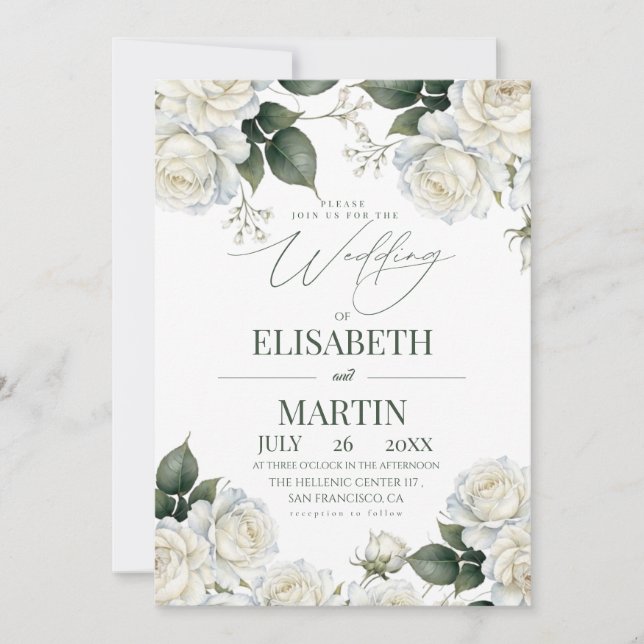 Invitation Mariage Floral Élégant Moderne Rose Blanche (Devant)