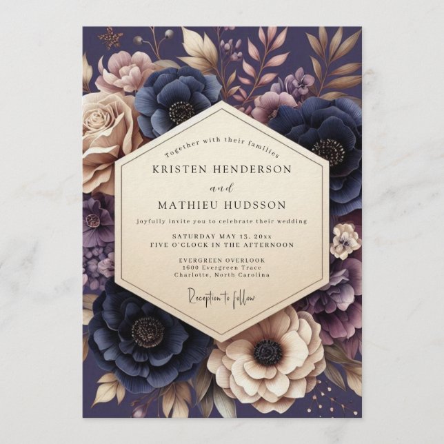 Invitation Mariage Floral Élégant Navy et Mauve (Devant)