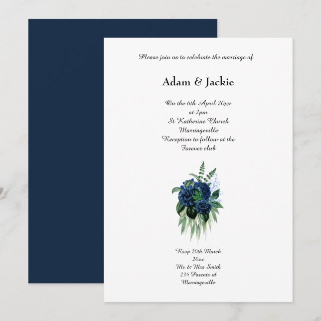 Invitation Mariage FLORAL ELEGANT NAVY EUCALYPTUS (Devant / Derrière)