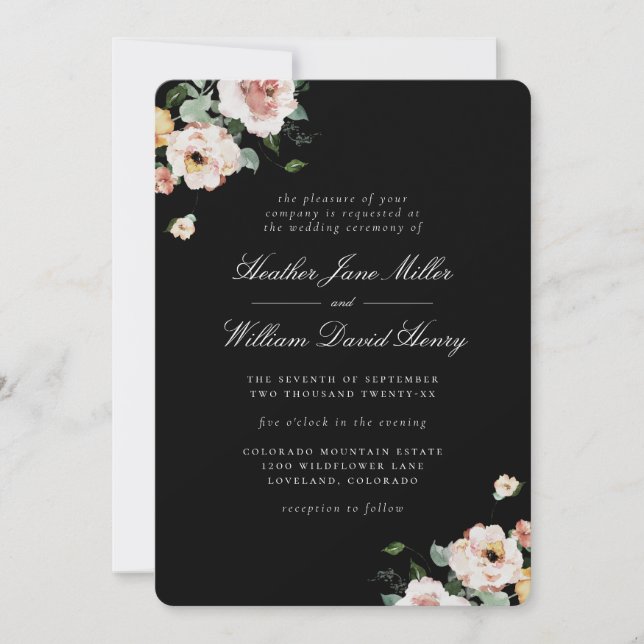 Invitation Mariage Floral Élégant Noir (Devant)