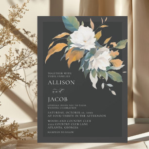 Invitation Mariage Floral Élégant Noir Blanc Sauge Vert