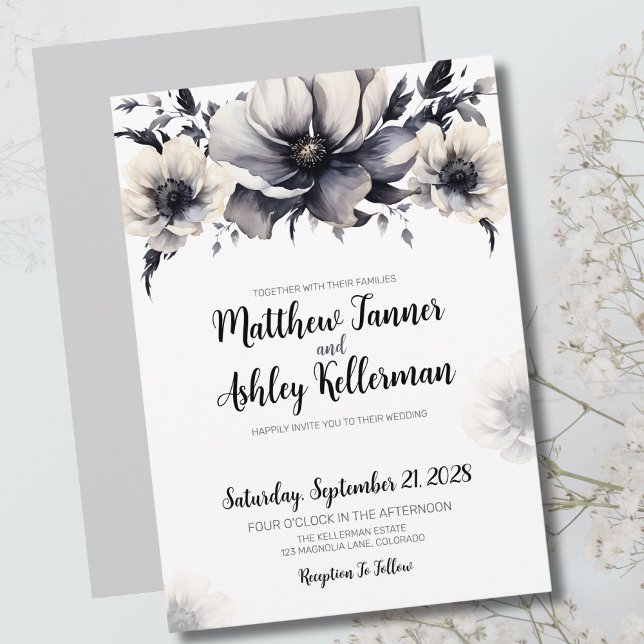 Invitation Mariage Floral Élégant Noir et Blanc (Trendy Black White Floral Elegant Wedding Invitation)