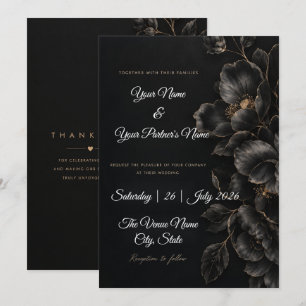 Invitation Mariage floral élégant noir et blanc et or