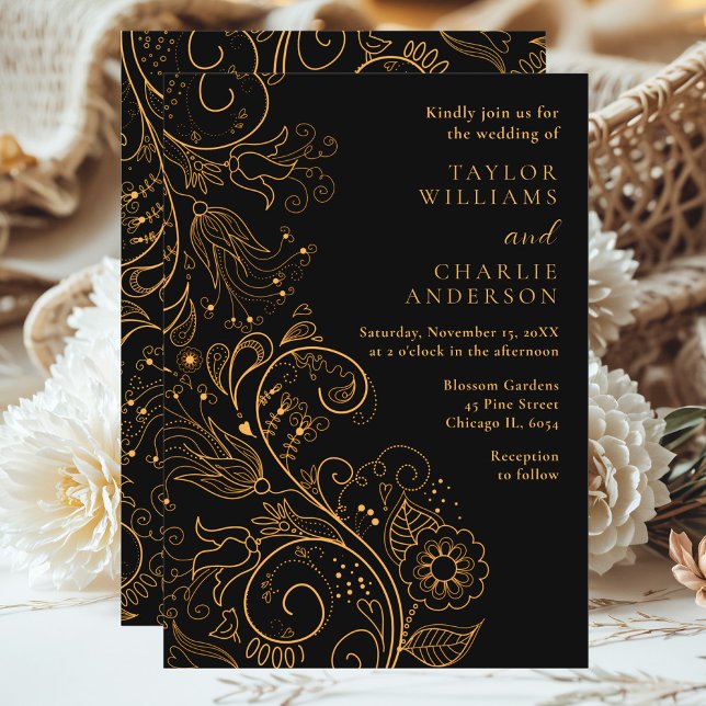 Invitation Mariage floral élégant or et noir (Créateur téléchargé)
