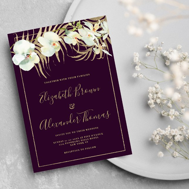 Invitation Mariage floral élégant orchidée violet foncé (Dark purple gold elegant orchid floral wedding)