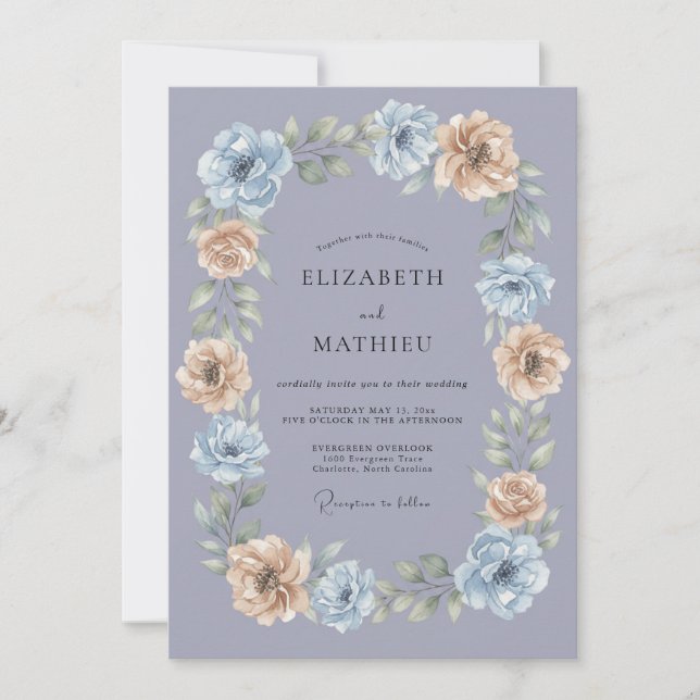 Invitation Mariage Floral Élégant Pervenche (Devant)