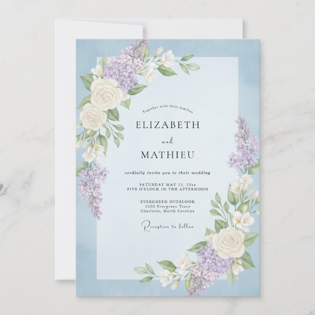 Invitation Mariage Floral Élégant Pervenche (Devant)