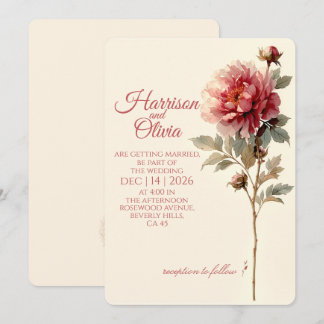 Invitation Mariage Floral Élégant Pivoine Corail Minimaliste