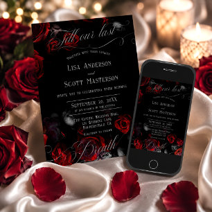 Invitation Mariage Floral Élégant Romantique Noir Rouge