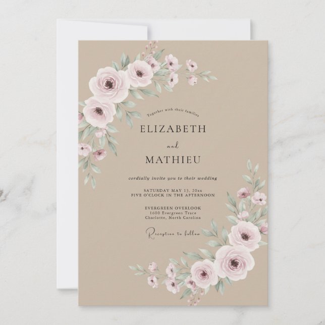 Invitation Mariage Floral Élégant Rose (Devant)