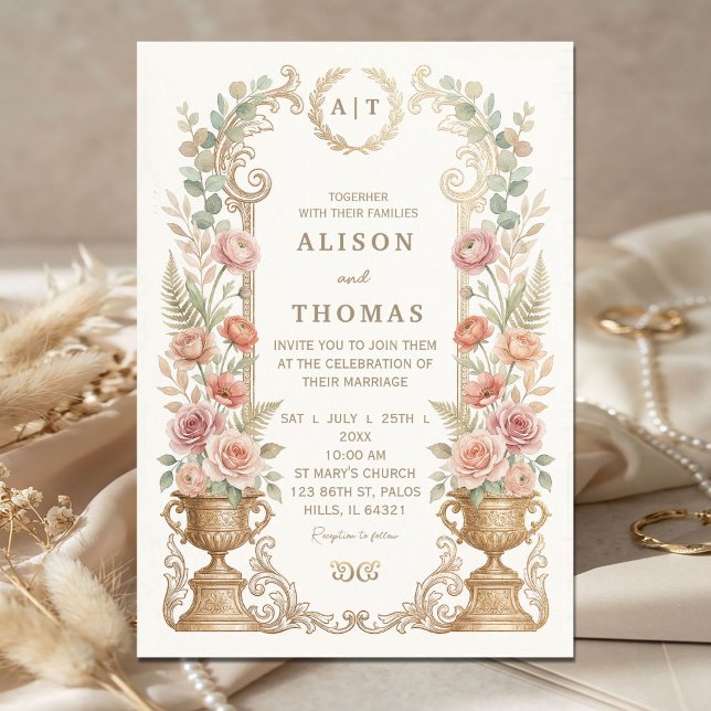 Invitation Mariage Floral Élégant Rose  (Elegant Blush Floral Wedding Invitation #vintagefantasymagicalwhimsicaldreamy #elegantpaintedwater)