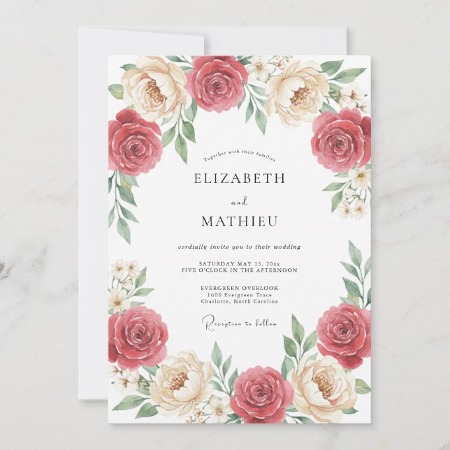 Invitation Mariage Floral Élégant Rose (Devant)