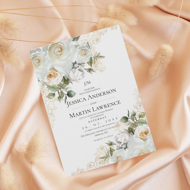 Invitation Mariage Floral Élégant Rose Blanche Or  (Créateur téléchargé)