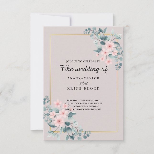 Invitation Mariage floral élégant rose et gris (Devant)