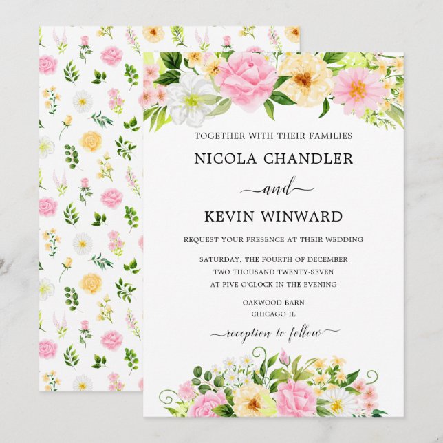 Invitation Mariage Floral Élégant Rose et Jaune (Devant / Derrière)