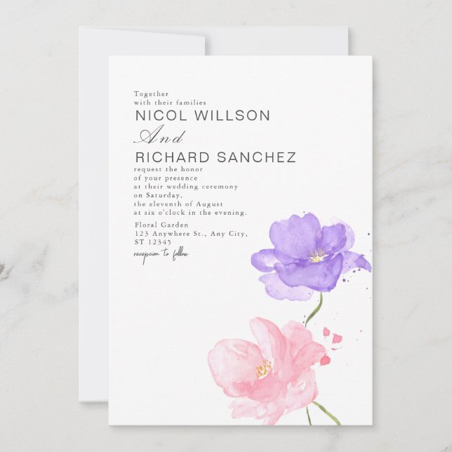 Invitation Mariage Floral Élégant Rose et Lilas  (Devant)