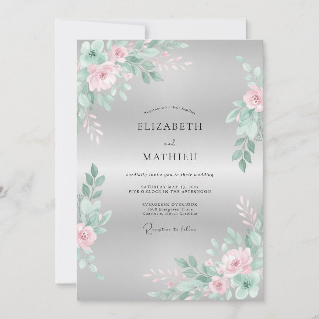 Invitation Mariage Floral Élégant Rose et Menthe (Devant)
