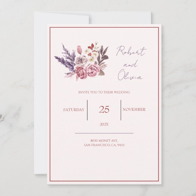 Invitation "Mariage floral élégant rose et violet" (Devant)