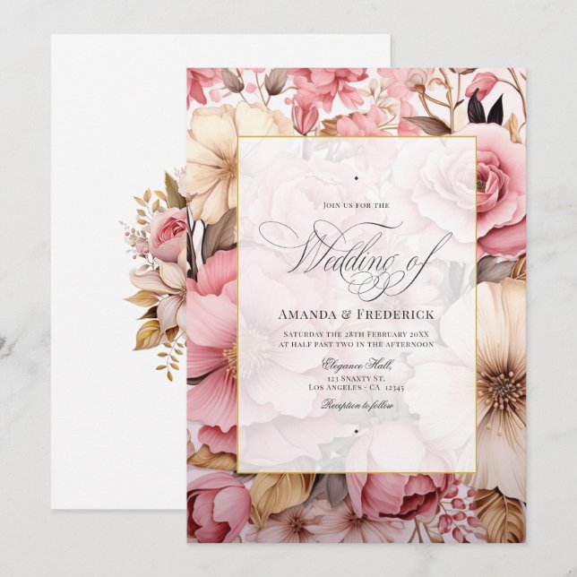 Invitation Mariage Floral Élégant Rose Gold (Devant / Derrière)