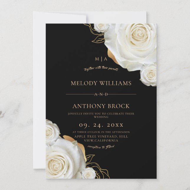 Invitation Mariage Floral Élégant Rose Noir Blanc (Devant)