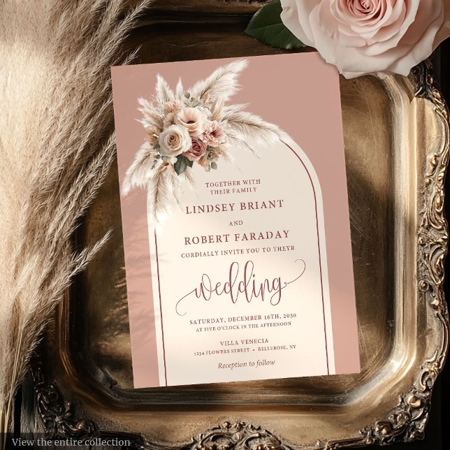 Invitation Mariage floral élégant rose pampa invite (Stylish Dusty Pink Pampas Floral Wedding Invitation)