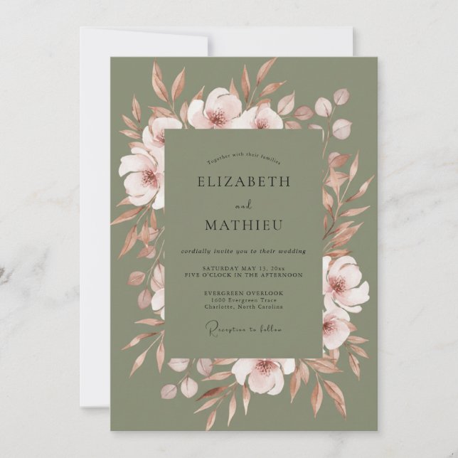 Invitation Mariage Floral Élégant Rose Sage (Devant)