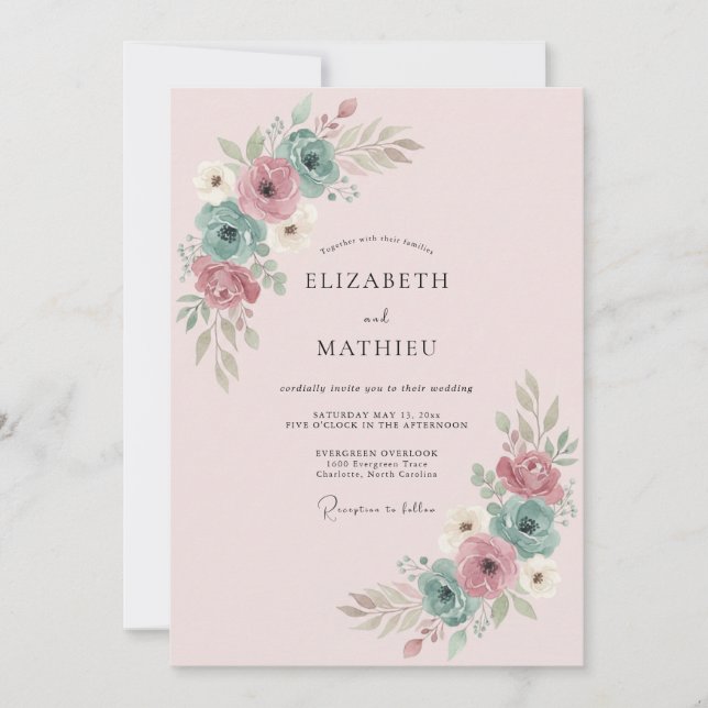 Invitation Mariage Floral Élégant Rose Teinte (Devant)