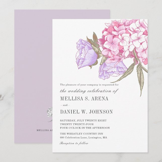 Invitation Mariage Floral Élégant Rose Violet (Devant / Derrière)