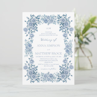 Invitation Mariage floral élégant Roses Bleu Poussiéreux