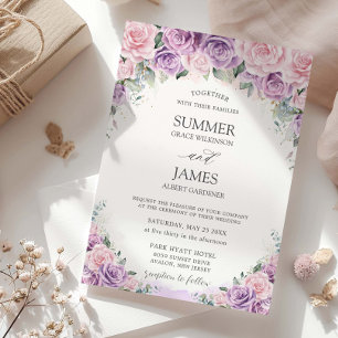 Invitation Mariage Floral Élégant Roses Roses Lilas Violet