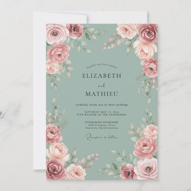 Invitation Mariage Floral Élégant Rouge Clair (Devant)