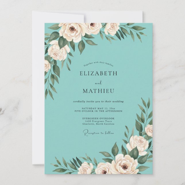 Invitation Mariage Floral Élégant Sarcelle (Devant)