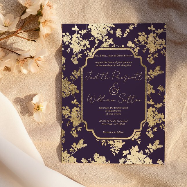 Invitation Mariage Floral Élégant Style Violet Foncé Or (Elegant Style Dark Purple Gold Floral Wedding )