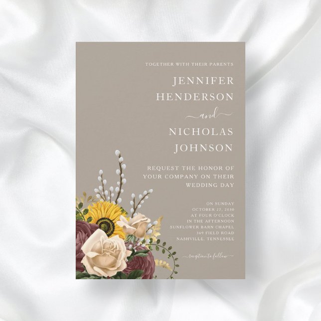 Invitation Mariage Floral Élégant Taupe (Créateur téléchargé)
