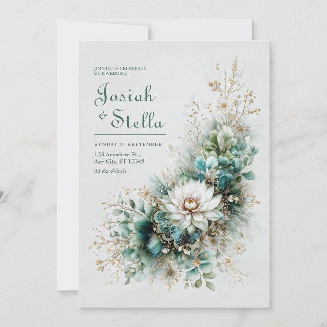 Invitation Mariage Floral Élégant Vert Sarcelle Or Blanc (Devant)