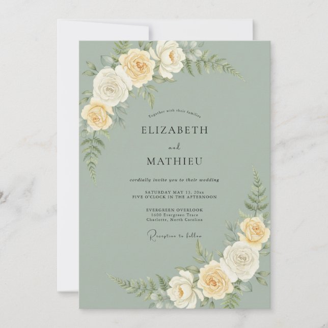 Invitation Mariage Floral Élégant Vert Sauge (Devant)