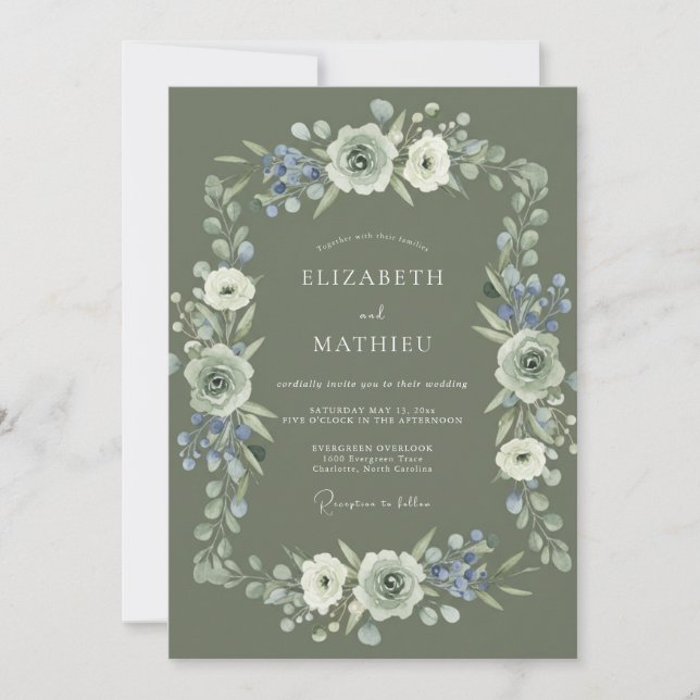 Invitation Mariage Floral Élégant Vert Sauge (Devant)